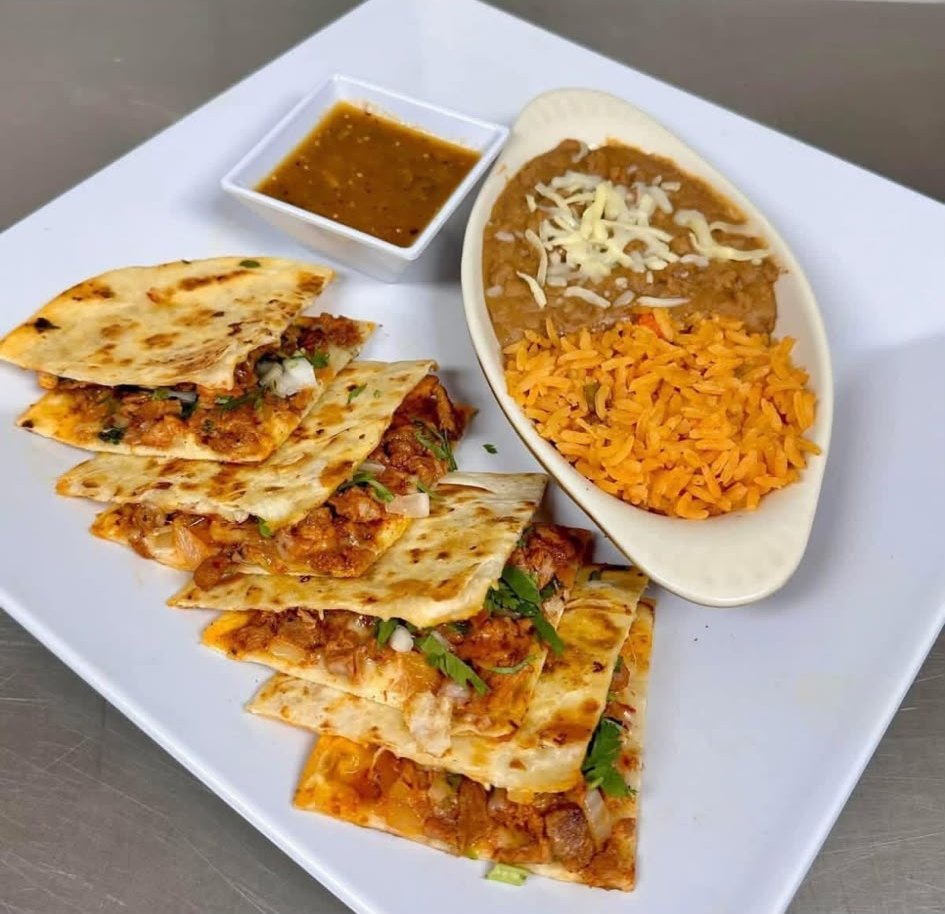 Quesadillas with rice, refried beans and salsa verde